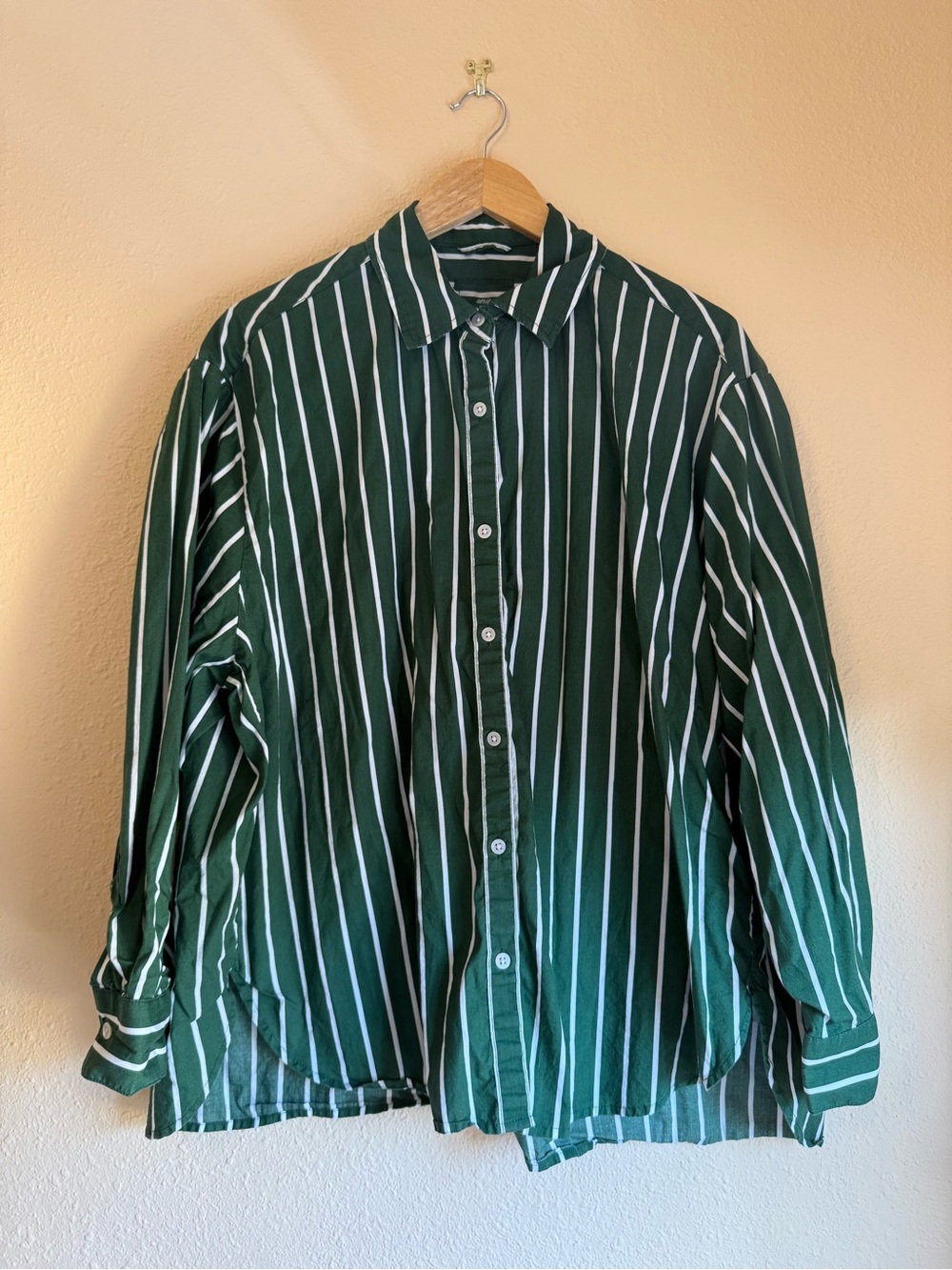 Aerie Dark Green and White Vertical-Stripe Button-Down Shirt